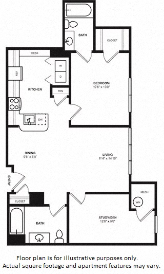 Floor plan for 1 bed, 1 bath, 929 sqft
